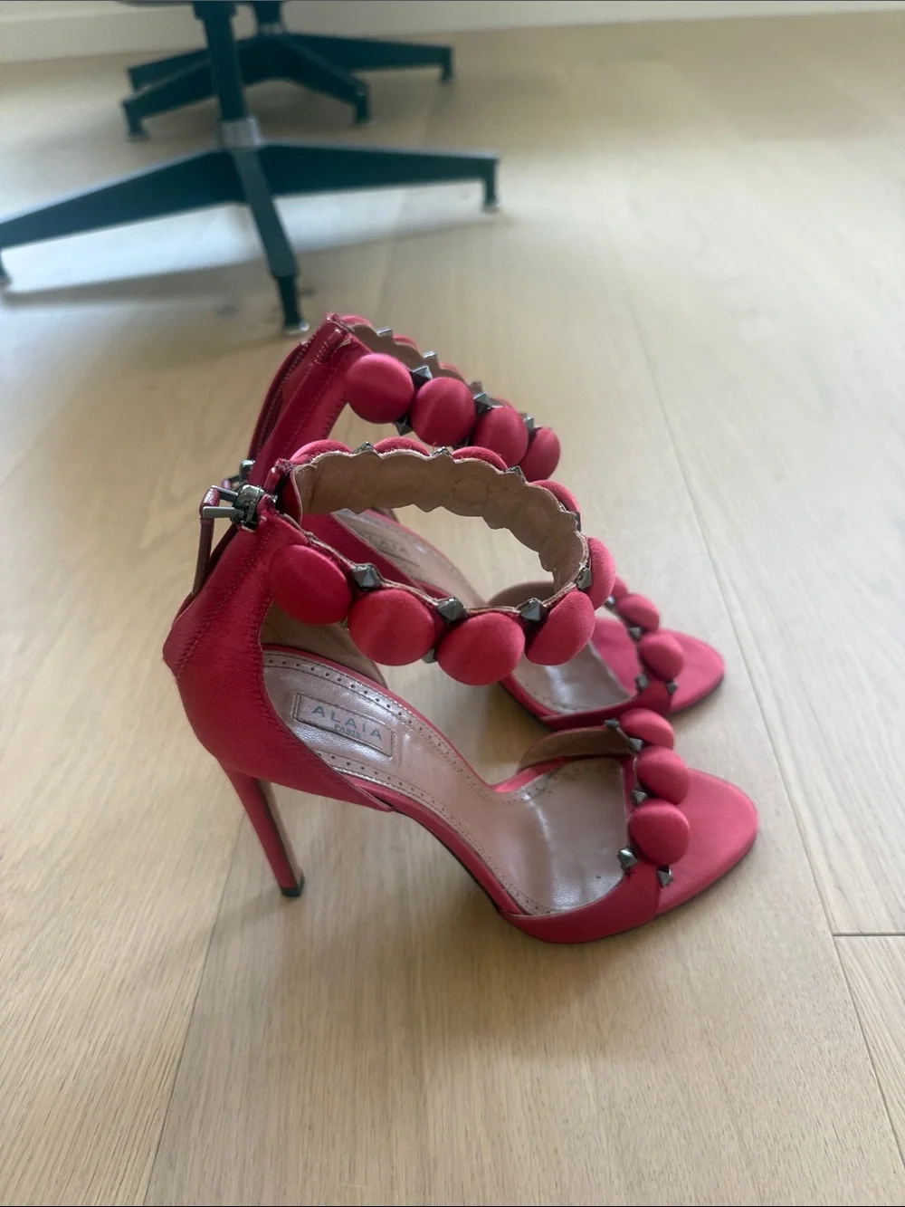 Alaia Pink Padded-Bead Ankle-Strap Heels
